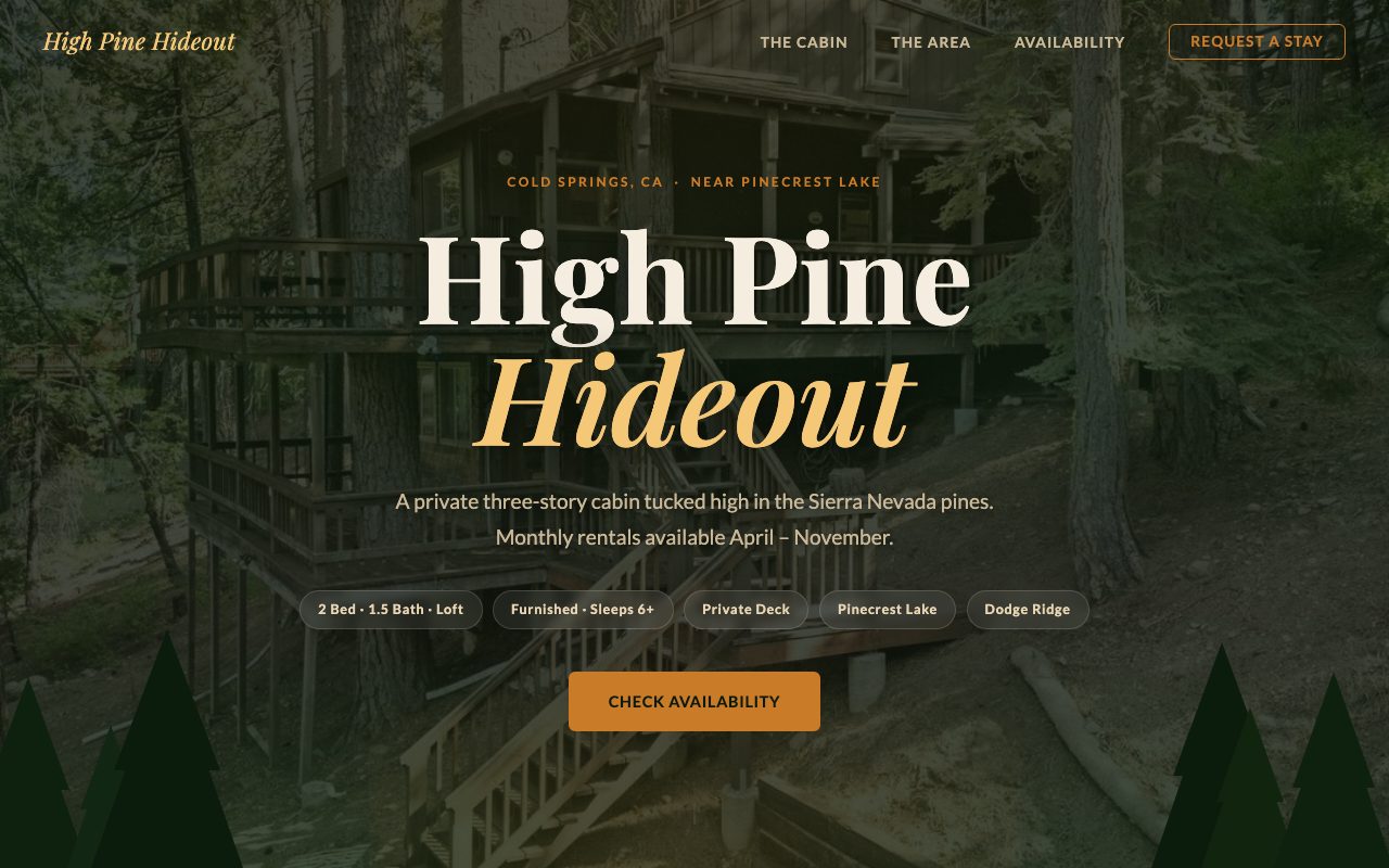 High Pine Hideout website home page
